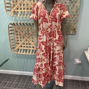 Fat Face Red and Cream Leaf Print Midi Dress